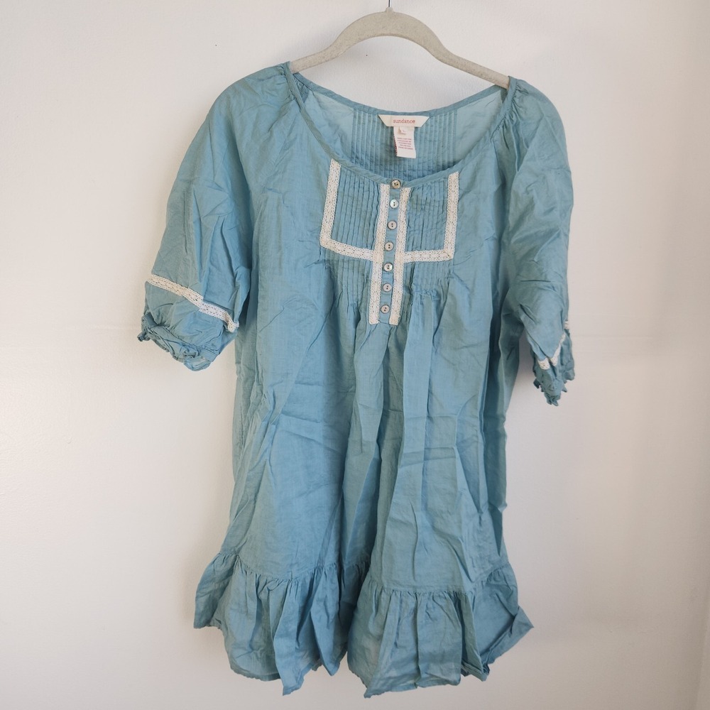 Sundance Pleated Cotton Tunic Blouse Blue Boho Lightweight Size Large